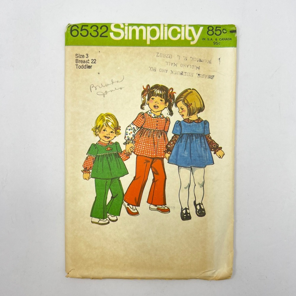 Simplicity 6532 Sewing Pattern Toddler Size‎ 3 Bell Bottom Pants Dress Top 1974